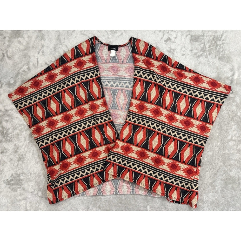 Kimono Cardigan Sweater Womens L Red Open Front Aztec‎ Southwestern Rayon Objex